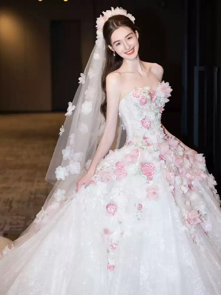 White Floral Wedding Dress with Pink Appliqué – Strapless Wedding Dress with 3D Flowers and Matching Veil Plus Size
