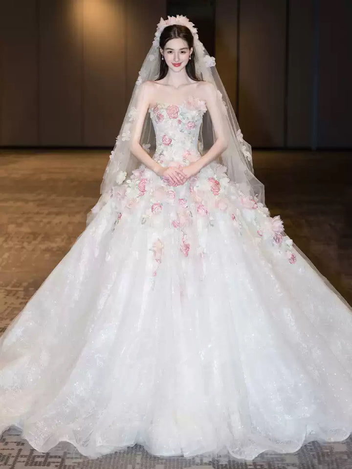 White Floral Wedding Dress with Pink Appliqué – Strapless Wedding Dress with 3D Flowers and Matching Veil Plus Size