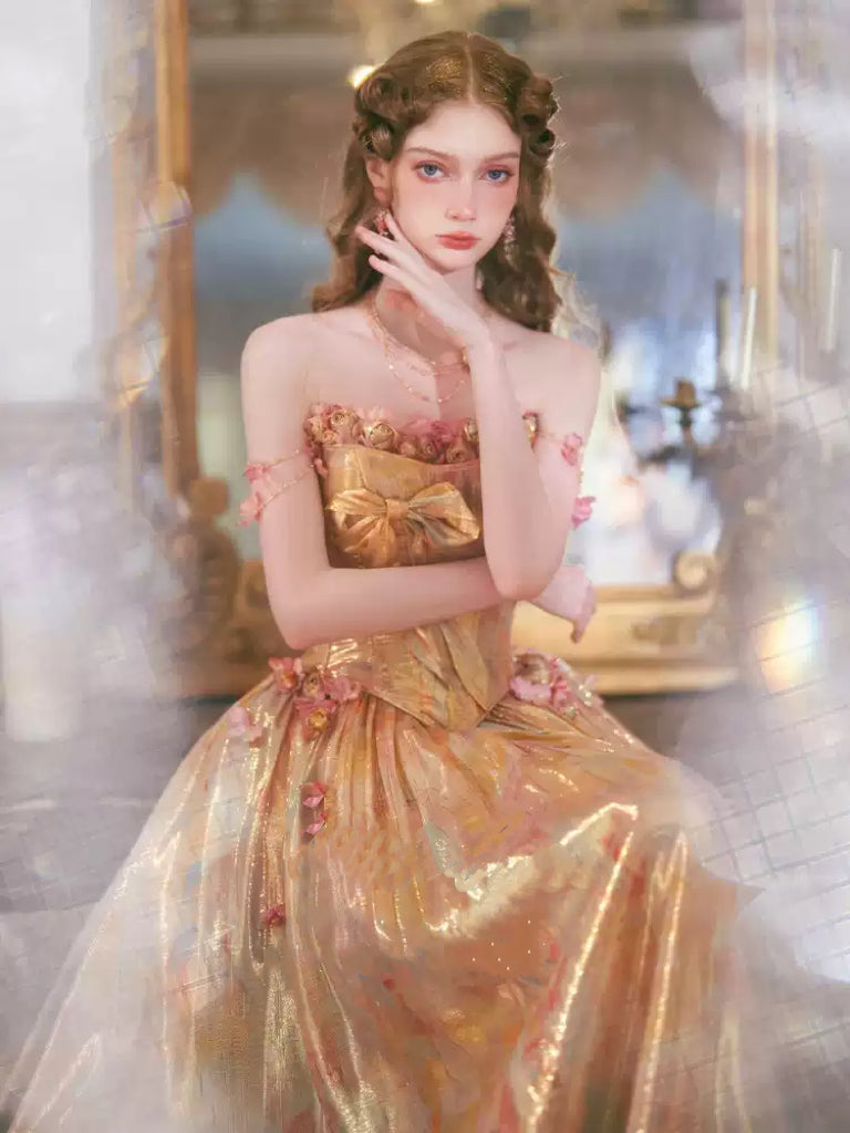 Gold Strapless Evening Dress with Corset Bodice – Gold Shimmering Dress with Bow and Floral Accents Plus Size