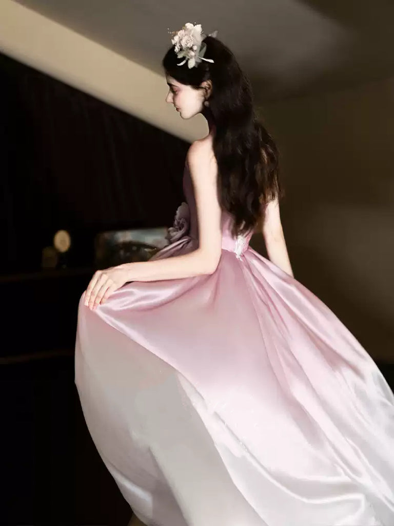 Pink and White Strapless Evening Dress with Corset – Satin Evening Dress with 3D Floral Detail Plus Size