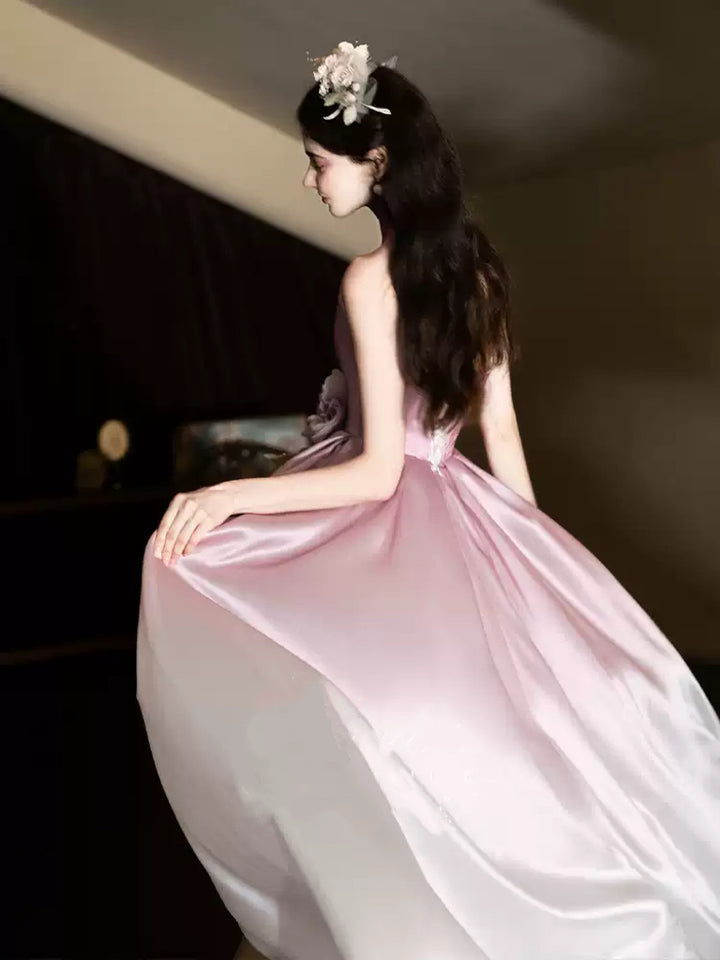 Pink and White Strapless Evening Dress with Corset – Satin Evening Dress with 3D Floral Detail Plus Size