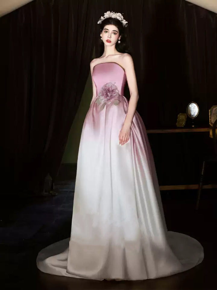 Pink and White Strapless Evening Dress with Corset – Satin Evening Dress with 3D Floral Detail Plus Size
