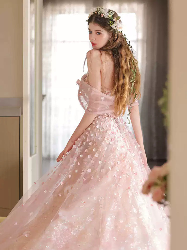 Blush Pink Off the Shoulder Evening Dress – Sparkling Pink Evening Dress with 3D Appliqué Plus Size