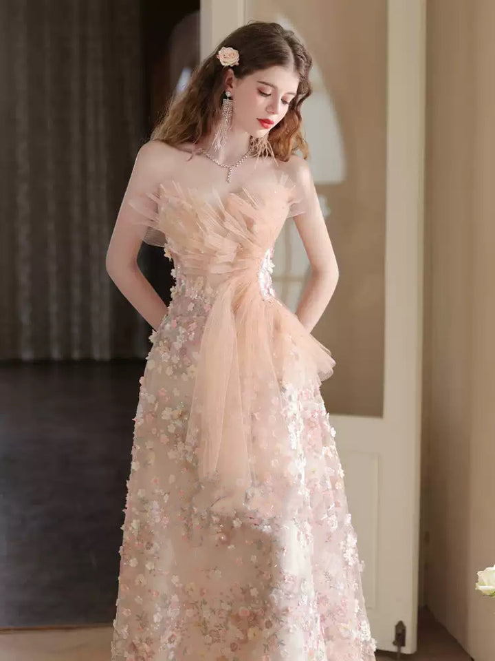 Blush Floral Tulle A-Line Evening Gown with 3D Flower Applique – Sweetheart Evening Dress Plus Size