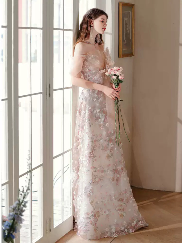 Blush Floral Tulle A-Line Evening Gown with 3D Flower Applique Sweetheart Evening Dress Plus Size Size 28W / Champagne Blush Floral Tulle A-Line Evening Gown with 3D Flower Applique Sweetheart Evening Dress Plus Size Size 28W / Champagne