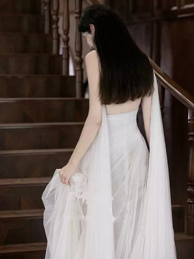 White Off the Shoulder Evening Dress with Draped Tulle Sleeves – Sheer Tulle Evening Dress Plus Size