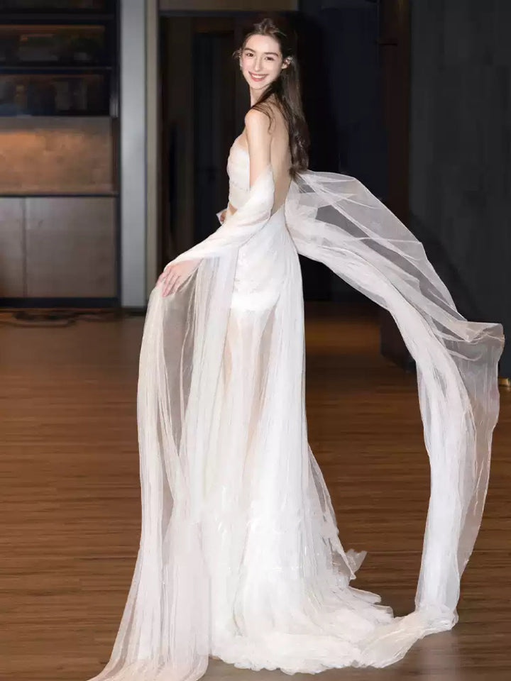 White Off the Shoulder Evening Dress with Draped Tulle Sleeves – Sheer Tulle Evening Dress Plus Size