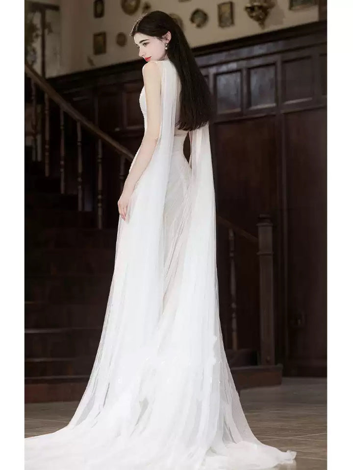White Off the Shoulder Evening Dress with Draped Tulle Sleeves – Sheer Tulle Evening Dress Plus Size