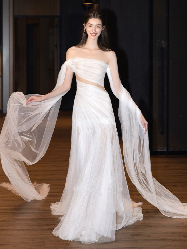 White Off the Shoulder Evening Dress with Draped Tulle Sleeves – Sheer Tulle Evening Dress Plus Size