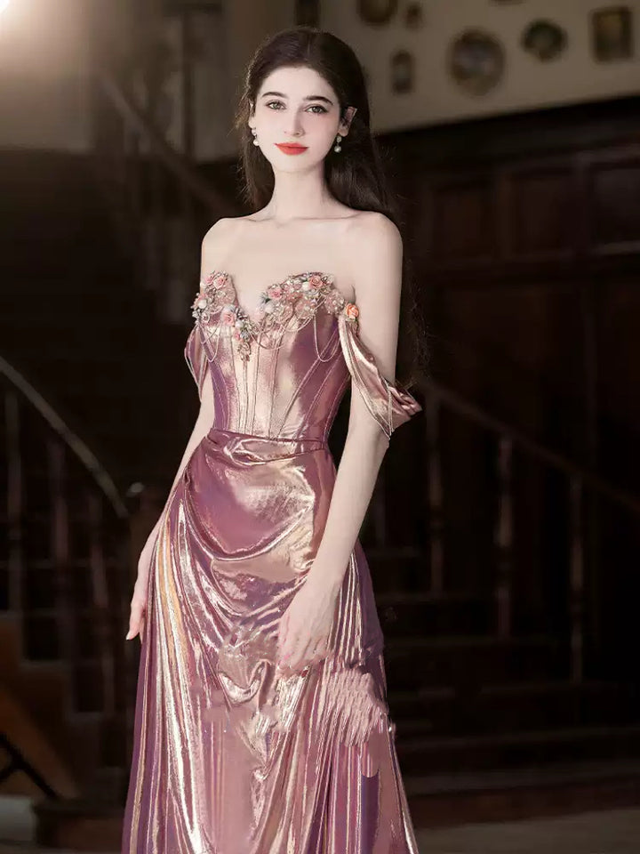 Rose Gold Strapless Evening Dress with Corset Bodice - 3D Floral Applique Dress Plus Size