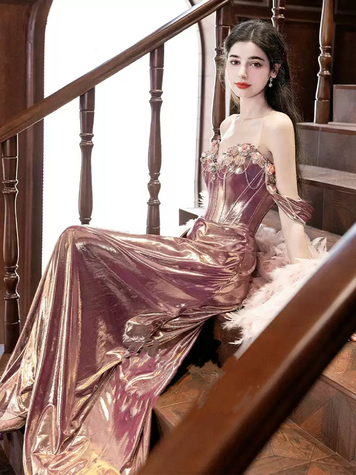 Rose Gold Strapless Evening Dress with Corset Bodice - 3D Floral Applique Dress Plus Size