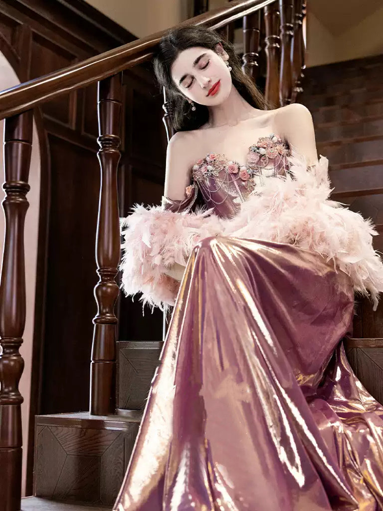 Rose Gold Strapless Evening Dress with Corset Bodice - 3D Floral Applique Dress Plus Size