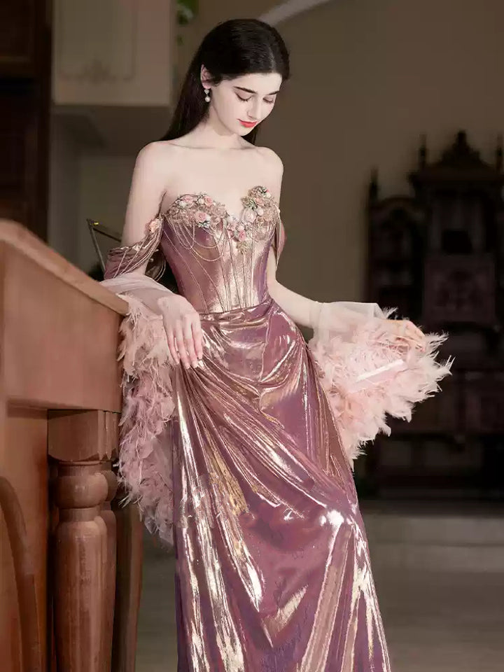 Rose Gold Strapless Evening Dress with Corset Bodice - 3D Floral Applique Dress Plus Size