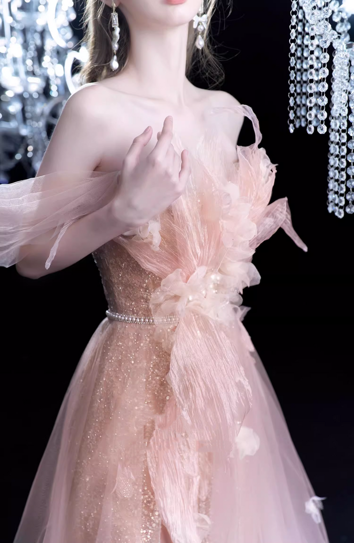 Peach Pink Off the Shoulder Evening Dress with Slit – Sequin Evening Dress with Puff Sleeves and Detachable Train Plus Size