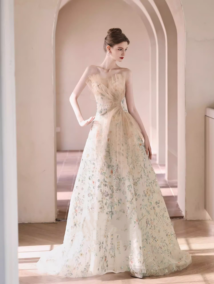 Cream Floral Embroidered Evening Dress with A-Line – Strapless Evening Dress with Tulle Bow and Lace-Up Back Plus Size