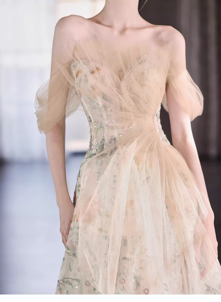 Cream Floral Embroidered Evening Dress with A-Line – Strapless Evening Dress with Tulle Bow and Lace-Up Back Plus Size
