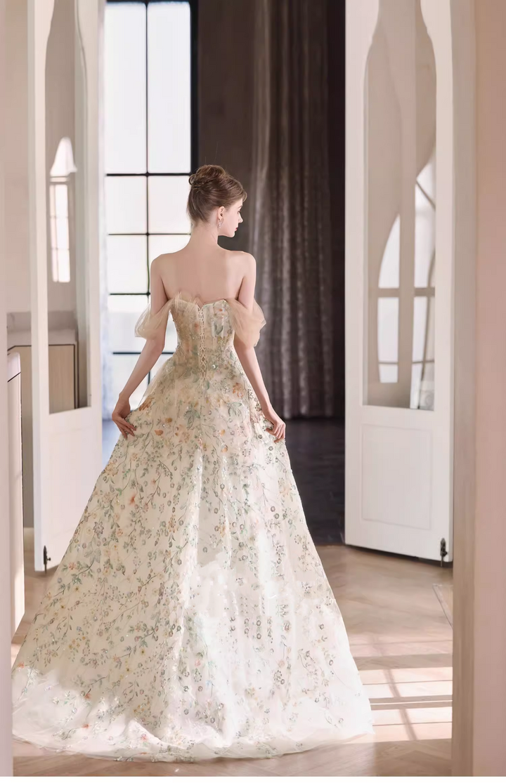 Cream Floral Embroidered Evening Dress with A-Line – Strapless Evening Dress with Tulle Bow and Lace-Up Back Plus Size