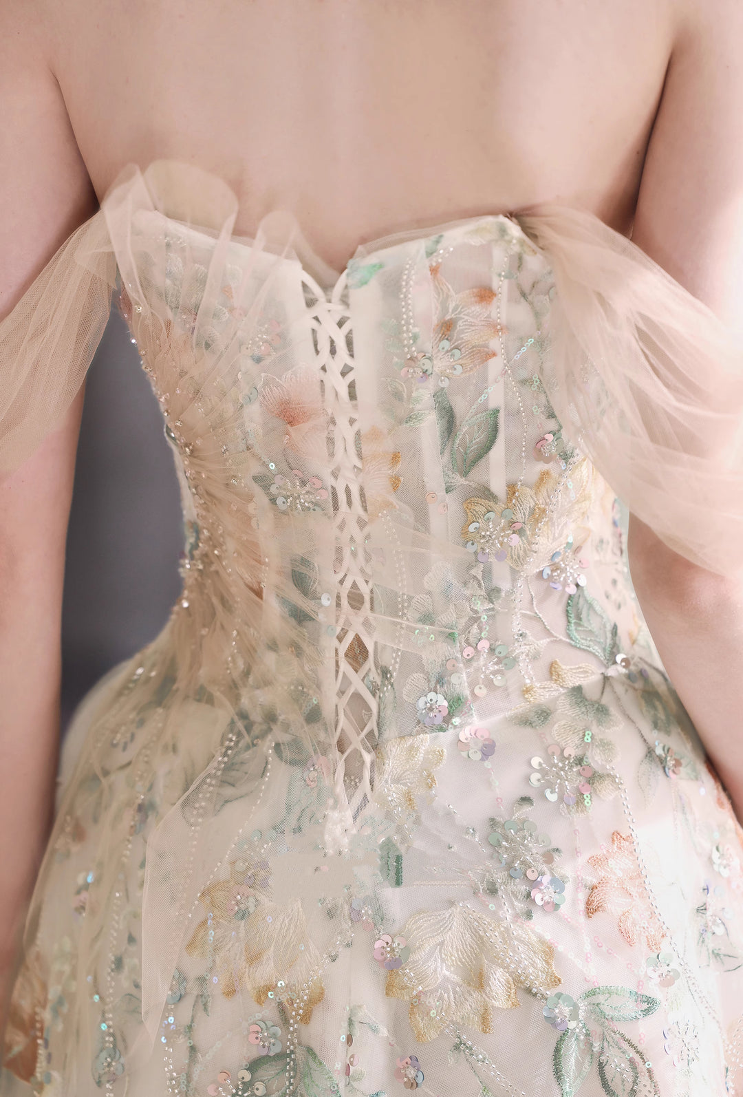 Cream Floral Embroidered Evening Dress with A-Line – Strapless Evening Dress with Tulle Bow and Lace-Up Back Plus Size