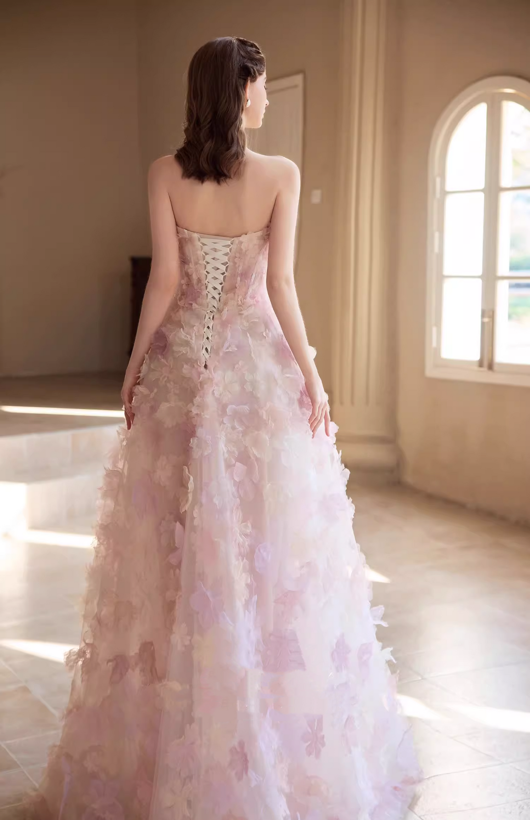 Blush Pink Strapless Evening Dress with 3D Floral Appliqué – Floral Evening Dress with Lace-Up Back Plus Size