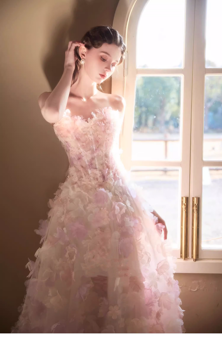 Blush Pink Strapless Evening Dress with 3D Floral Appliqué – Floral Evening Dress with Lace-Up Back Plus Size
