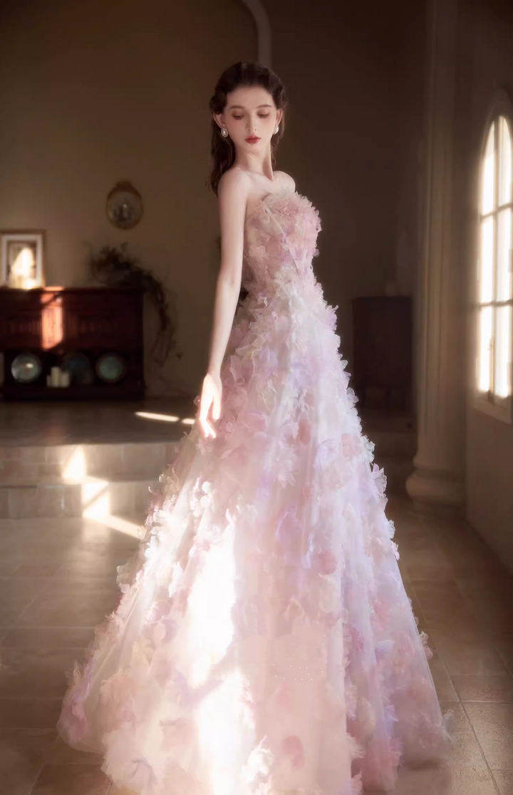 Blush Pink Strapless Evening Dress with 3D Floral Appliqué – Floral Evening Dress with Lace-Up Back Plus Size