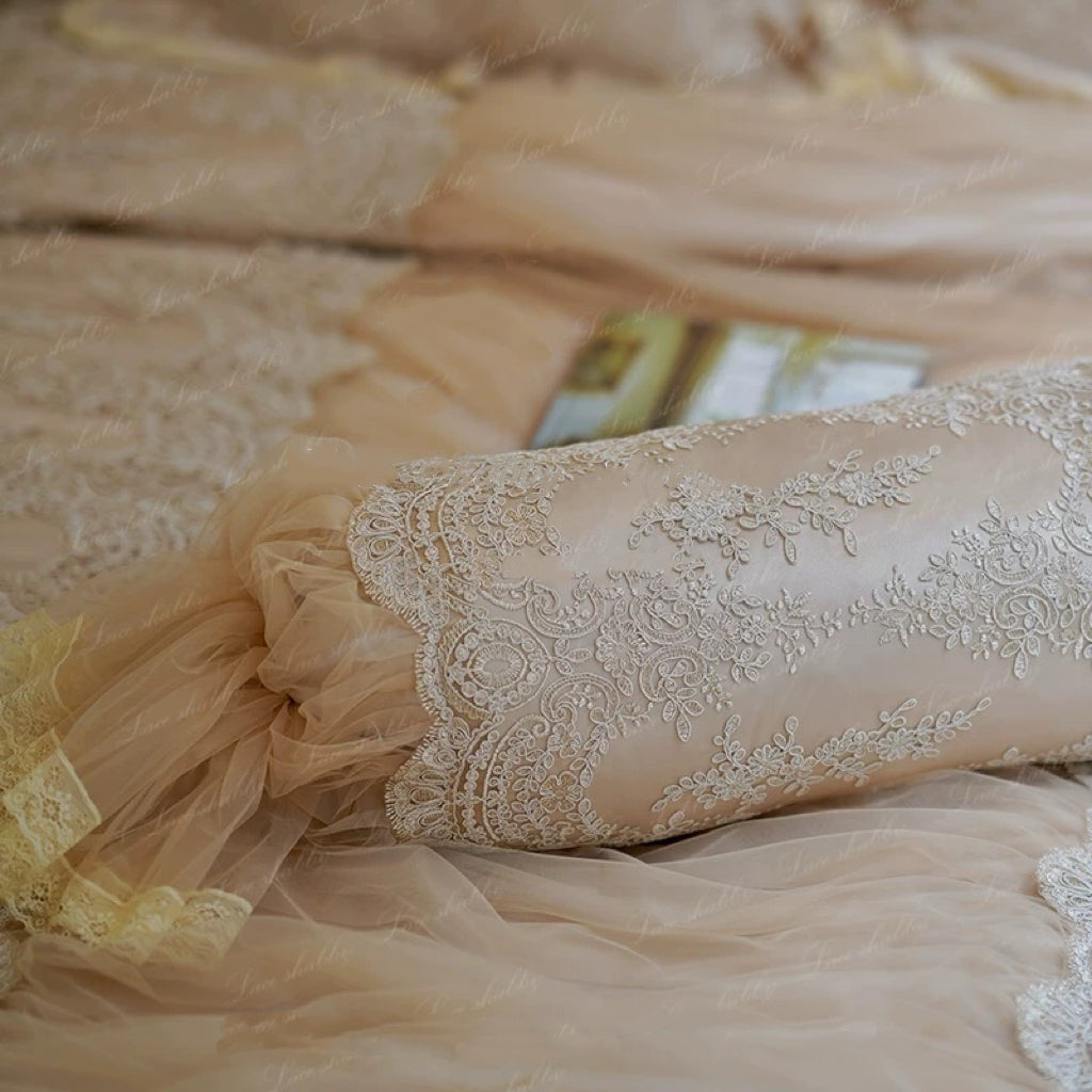 “Evening Reverie” Handmade Lace Satin Bolster – Vintage Lumbar Pillow with Ruffle Trim