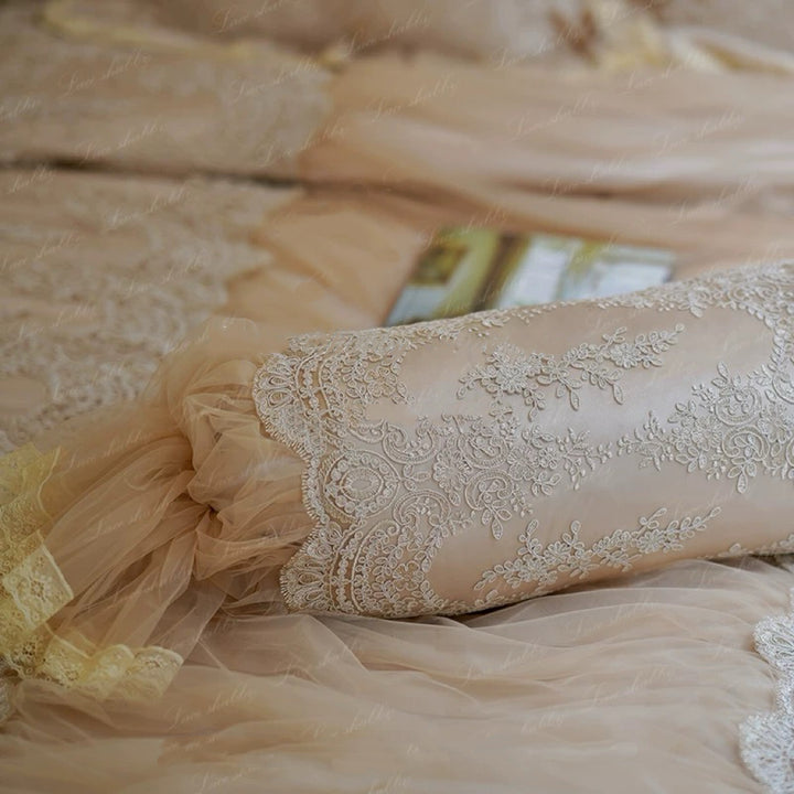 “Evening Reverie” Handmade Lace Satin Bolster – Vintage Lumbar Pillow with Ruffle Trim