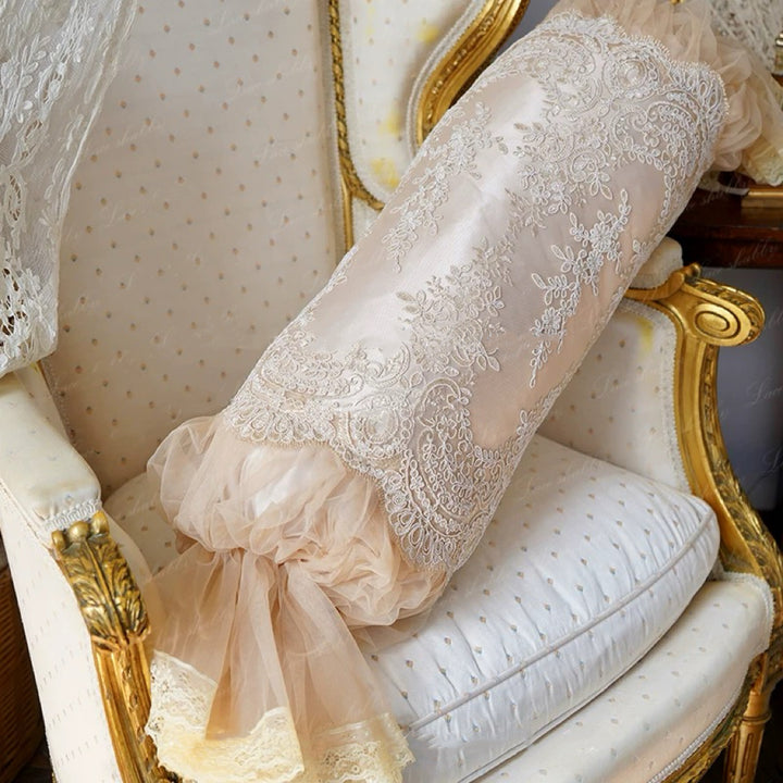 “Evening Reverie” Handmade Lace Satin Bolster – Vintage Lumbar Pillow with Ruffle Trim