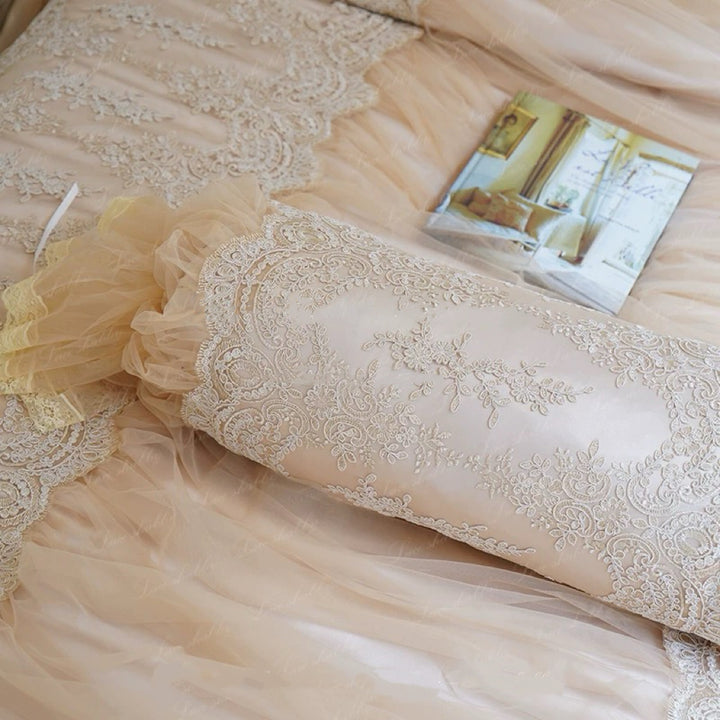 “Evening Reverie” Handmade Lace Satin Bolster – Vintage Lumbar Pillow with Ruffle Trim