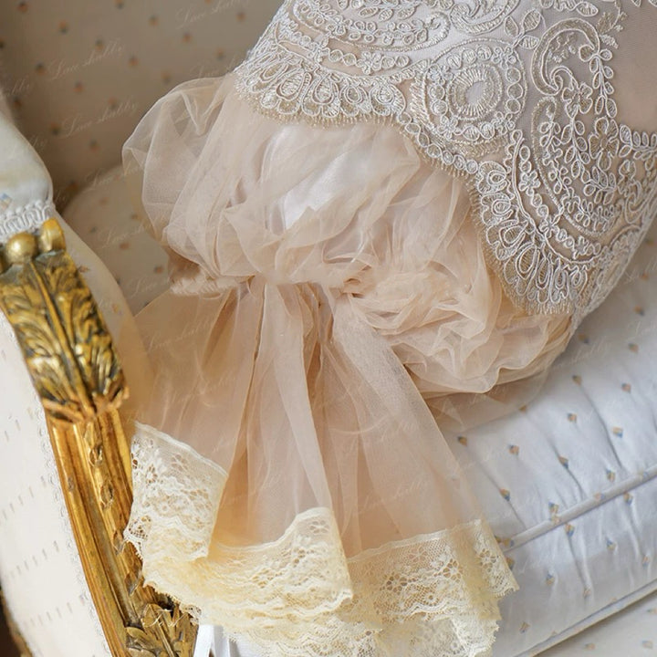 “Evening Reverie” Handmade Lace Satin Bolster – Vintage Lumbar Pillow with Ruffle Trim