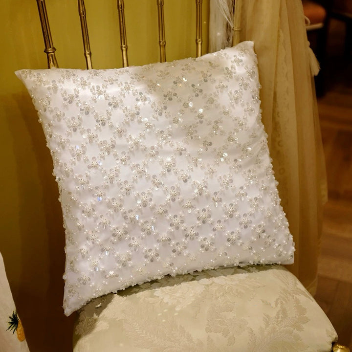 “Winter Sonata” – Handmade White Sequin Lace Cushion with Pearlescent Embroidery