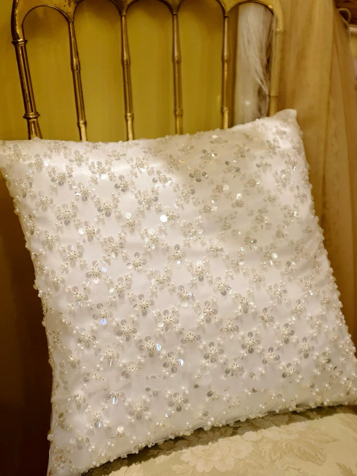 “Winter Sonata” – Handmade White Sequin Lace Cushion with Pearlescent Embroidery