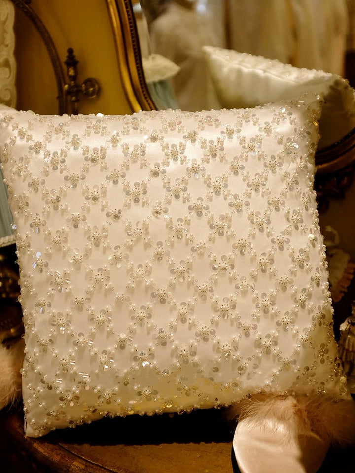 “Winter Sonata” – Handmade White Sequin Lace Cushion with Pearlescent Embroidery