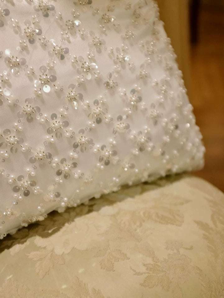 “Winter Sonata” – Handmade White Sequin Lace Cushion with Pearlescent Embroidery