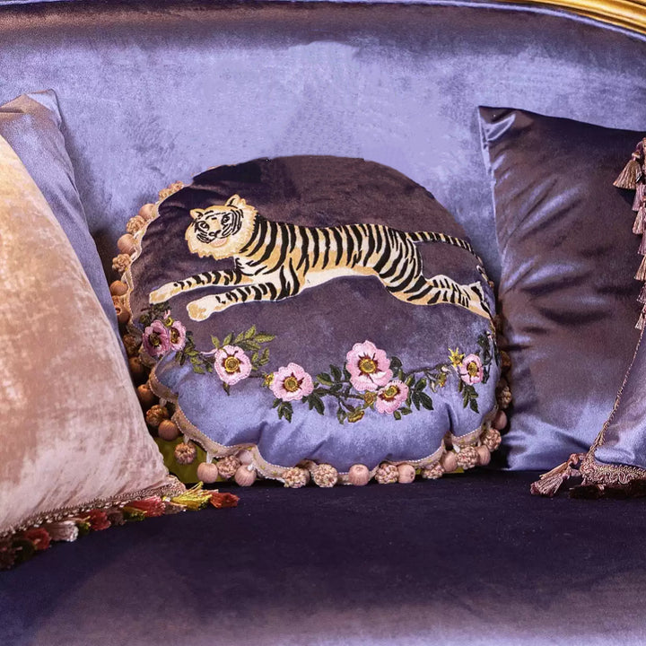 “The Velvet Sprint” – Embroidered Tiger Round Velvet Cushion with Tassel Trim