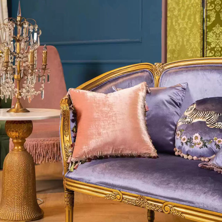 “The Velvet Sprint” – Embroidered Tiger Round Velvet Cushion with Tassel Trim