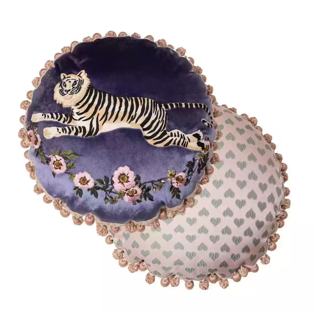 “The Velvet Sprint” – Embroidered Tiger Round Velvet Cushion with Tassel Trim