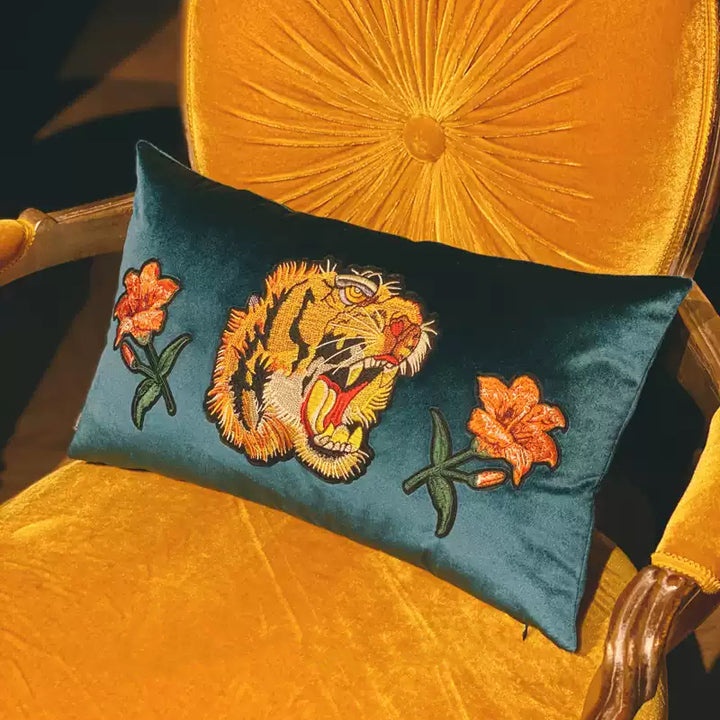 "Roar of the Garden" – Handmade Green Velvet Embroidered Tiger Lumbar Pillow