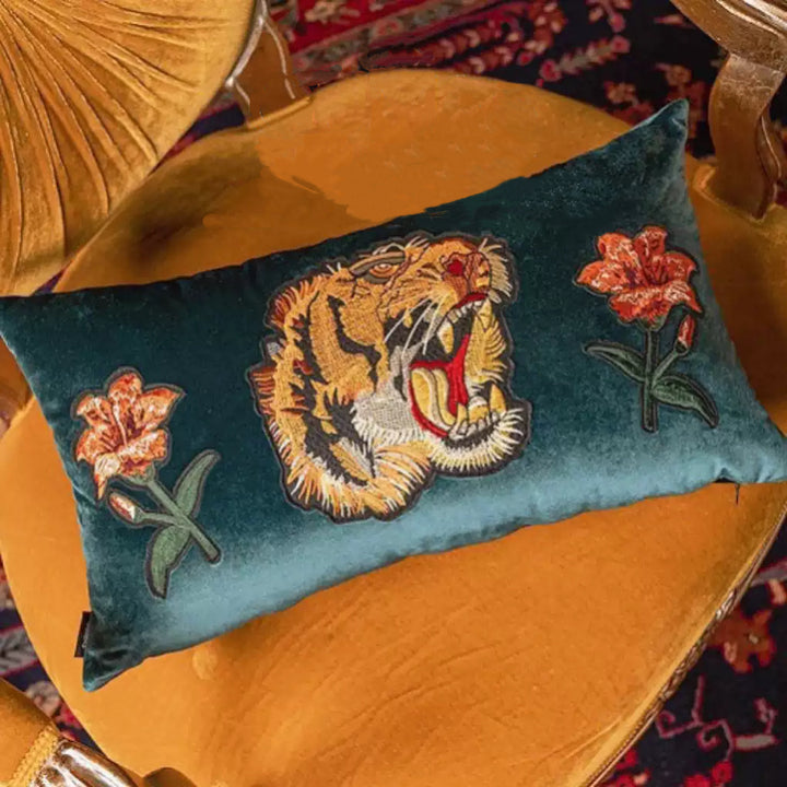 "Roar of the Garden" – Handmade Green Velvet Embroidered Tiger Lumbar Pillow