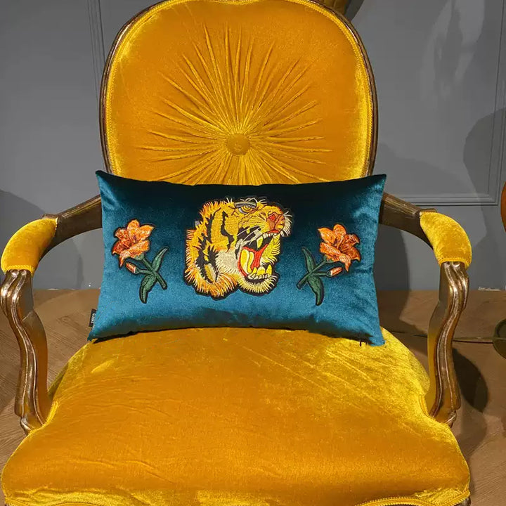 "Roar of the Garden" – Handmade Green Velvet Embroidered Tiger Lumbar Pillow