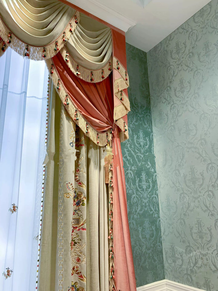 “Maison de Fleurs” Rococo Curtains – Embroidered Versailles Drapes with Pom Fringe for Romantic French Palace Decor