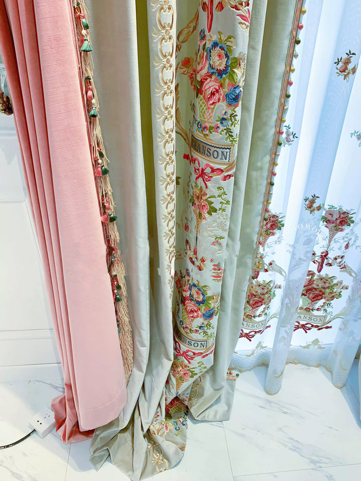 “Maison de Fleurs” Rococo Curtains – Embroidered Versailles Drapes with Pom Fringe for Romantic French Palace Decor