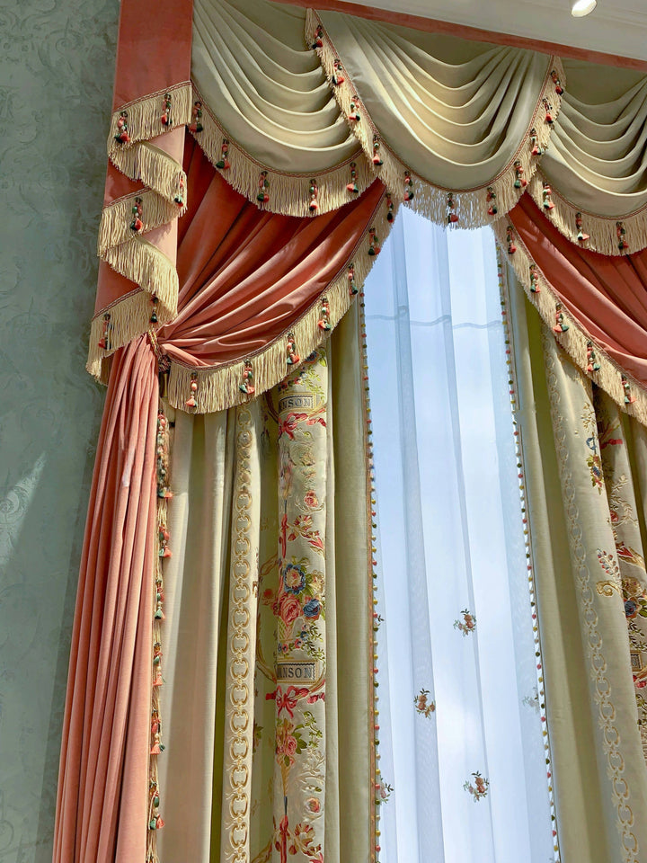 “Maison de Fleurs” Rococo Curtains – Embroidered Versailles Drapes with Pom Fringe for Romantic French Palace Decor