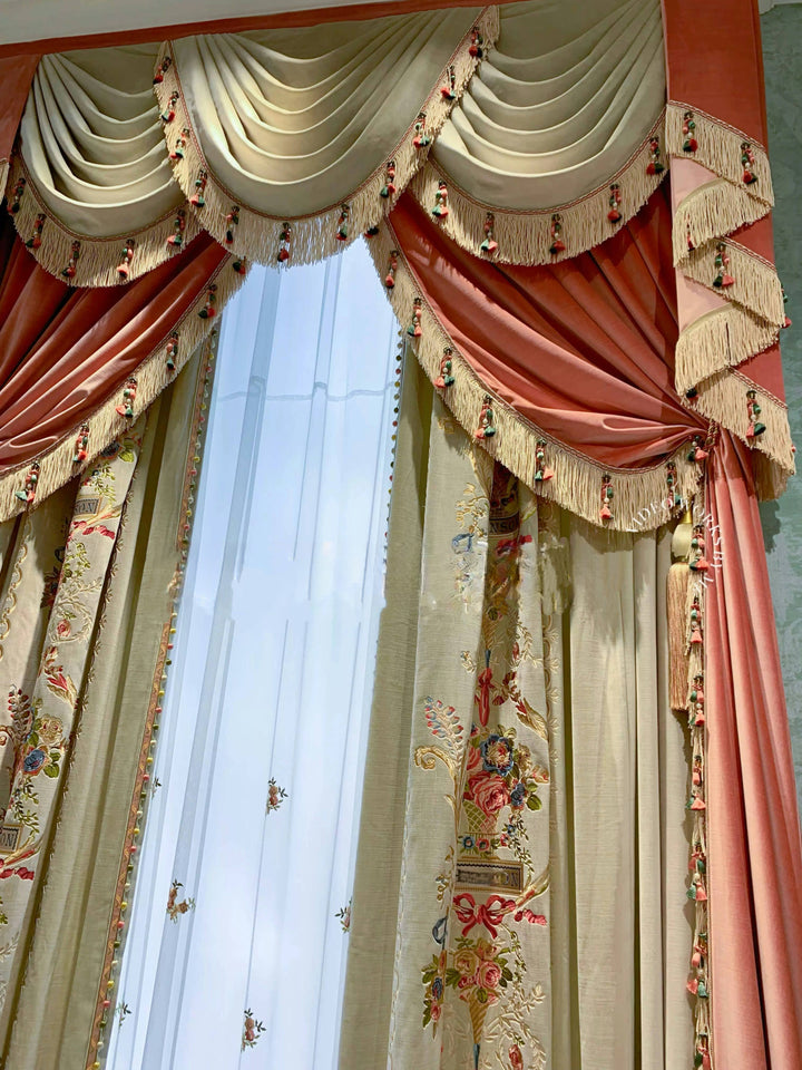 “Maison de Fleurs” Rococo Curtains – Embroidered Versailles Drapes with Pom Fringe for Romantic French Palace Decor