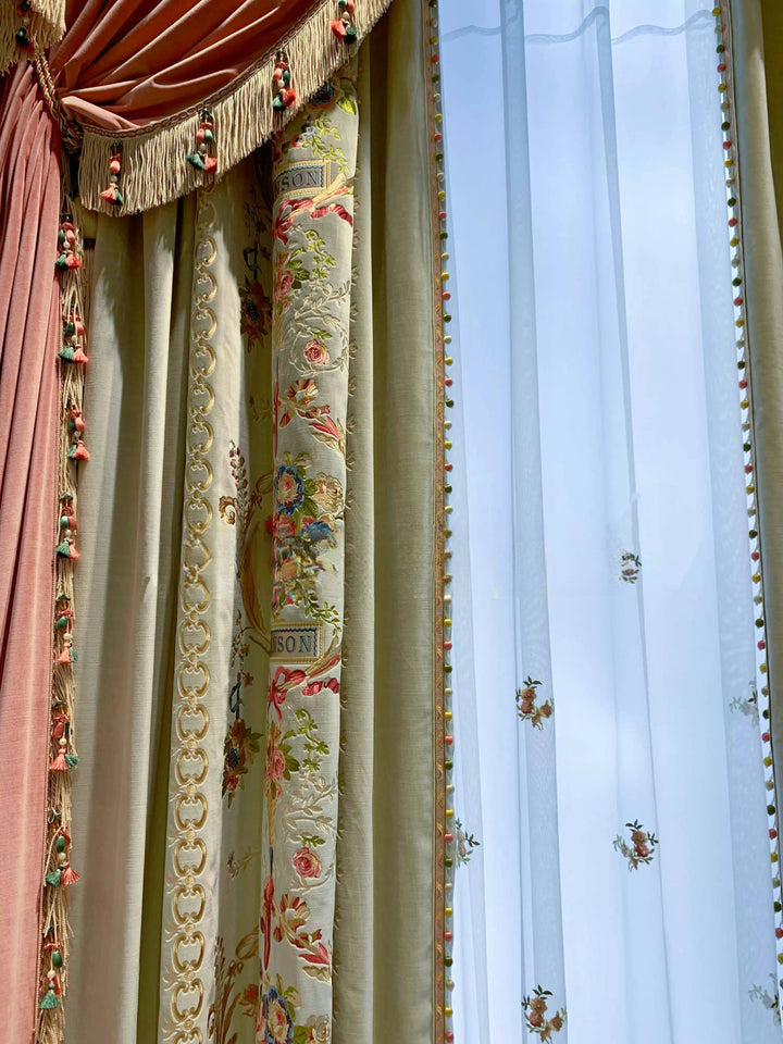 “Maison de Fleurs” Rococo Curtains – Embroidered Versailles Drapes with Pom Fringe for Romantic French Palace Decor