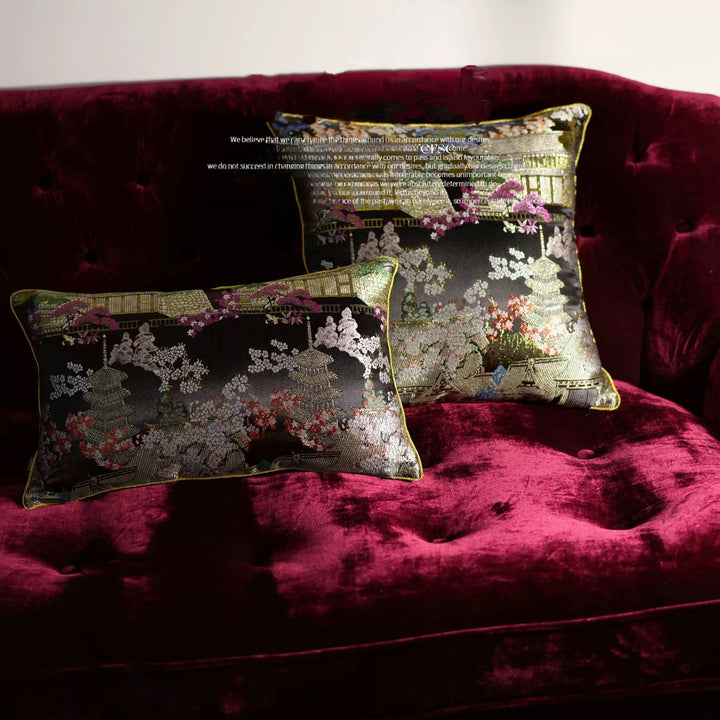 Midnight Pagoda – Handmade Black Satin Chinese Pillow with Gold Embroidery