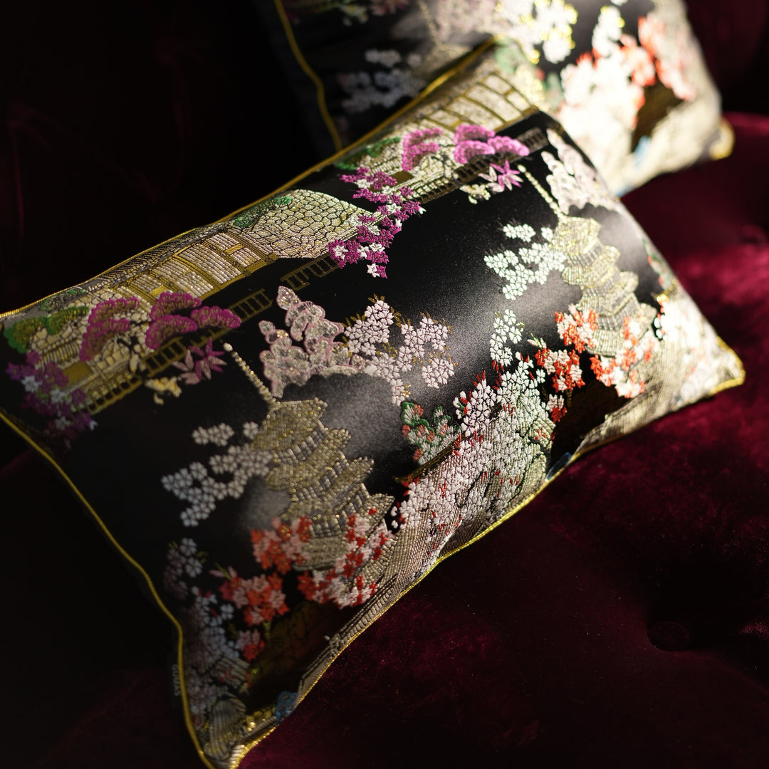 Midnight Pagoda – Handmade Black Satin Chinese Pillow with Gold Embroidery