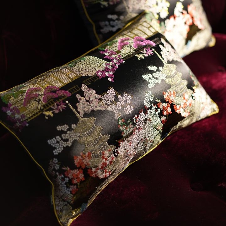 Midnight Pagoda – Handmade Black Satin Chinese Pillow with Gold Embroidery