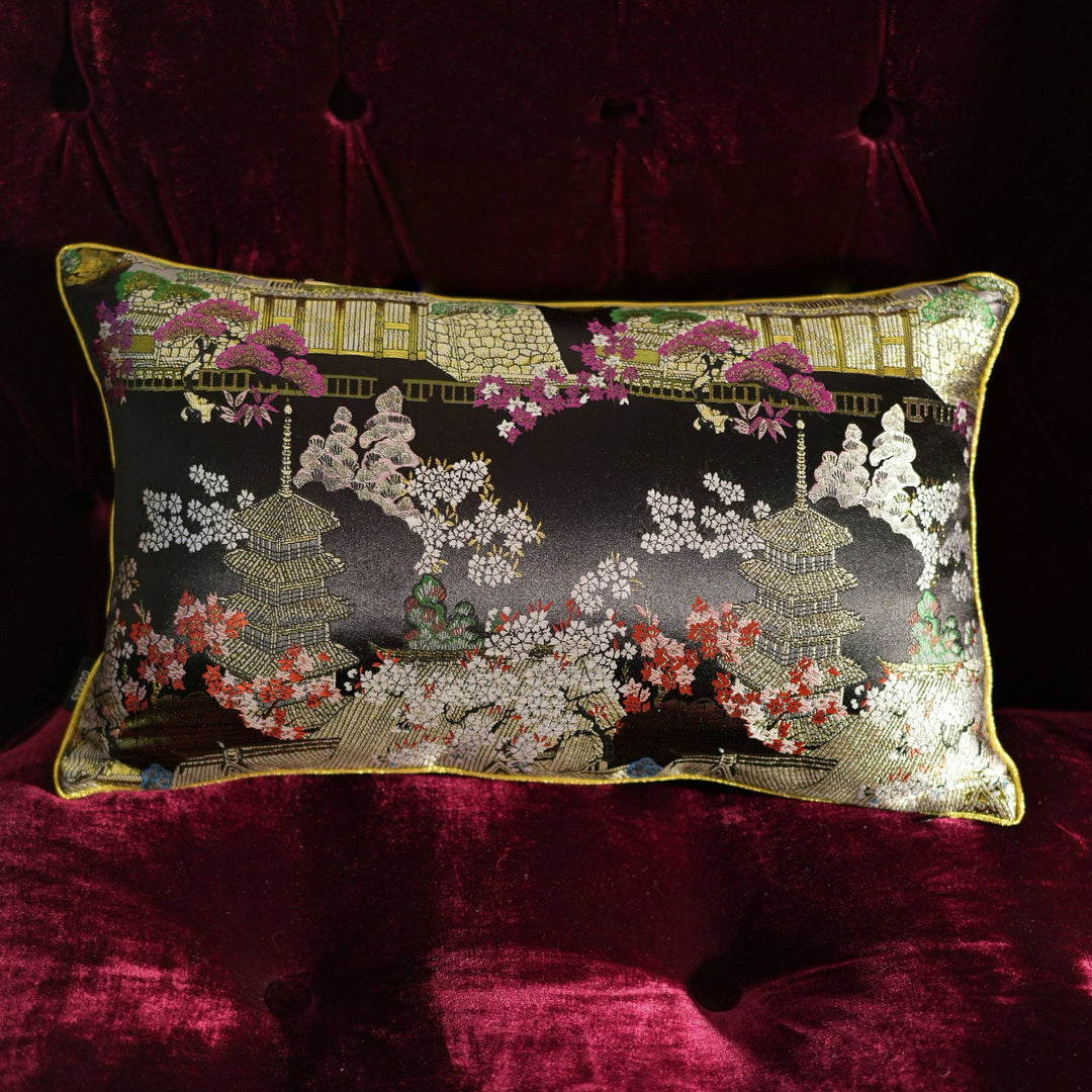 Midnight Pagoda – Handmade Black Satin Chinese Pillow with Gold Embroidery