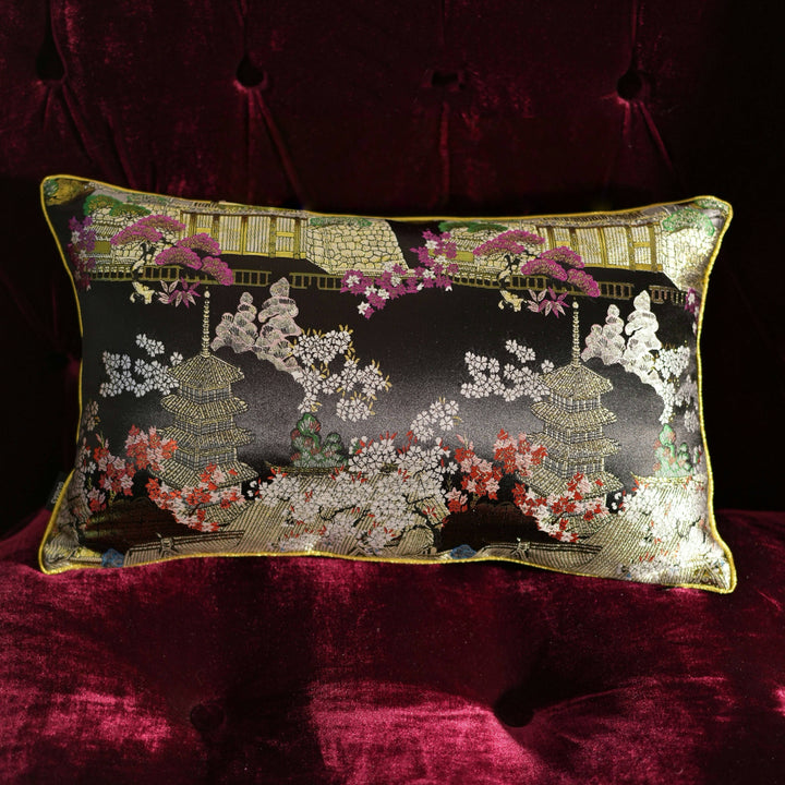 Midnight Pagoda – Handmade Black Satin Chinese Pillow with Gold Embroidery